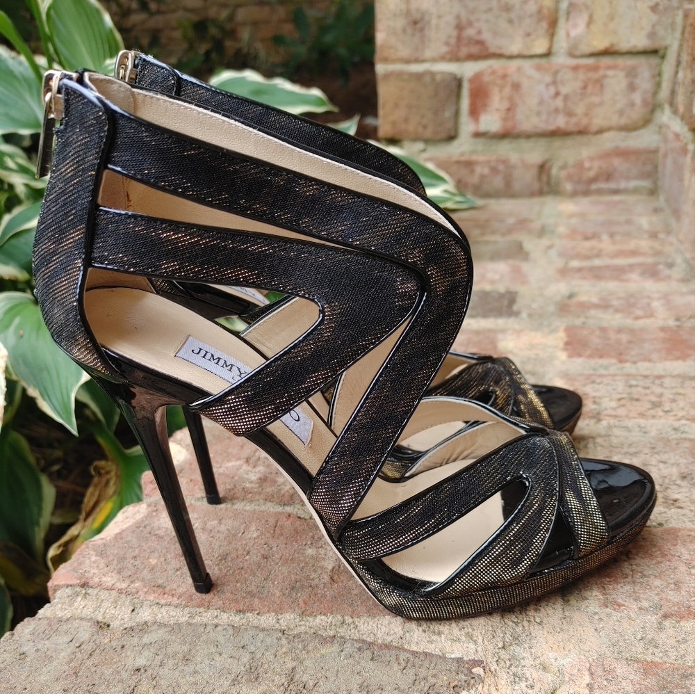 JIMMY CHOO 142 "COLLAR" ZEBRA LAME GLITTER SANDAL, BLACK/AMBER 39 - Picture 6 of 16